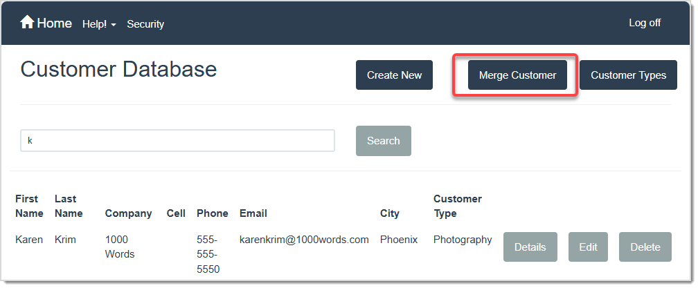 Image displaying the Customer Database page, highlighting the Merge Customer button.