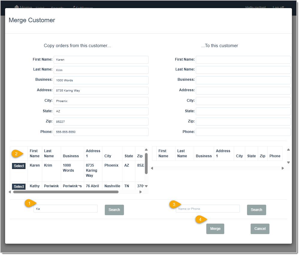 Image displaying the Merge Customer window with key features highlighted.