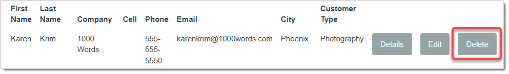 Image displaying the Customer Database page, highlighting the Delete button for a customer.