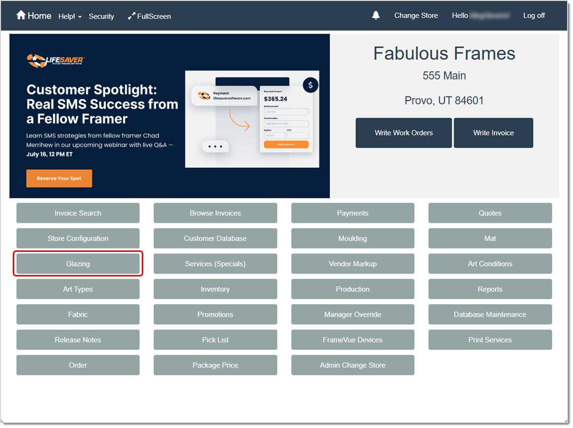 Image highlighting how to access your Glazing options from the LifeSaver software’s Home page.