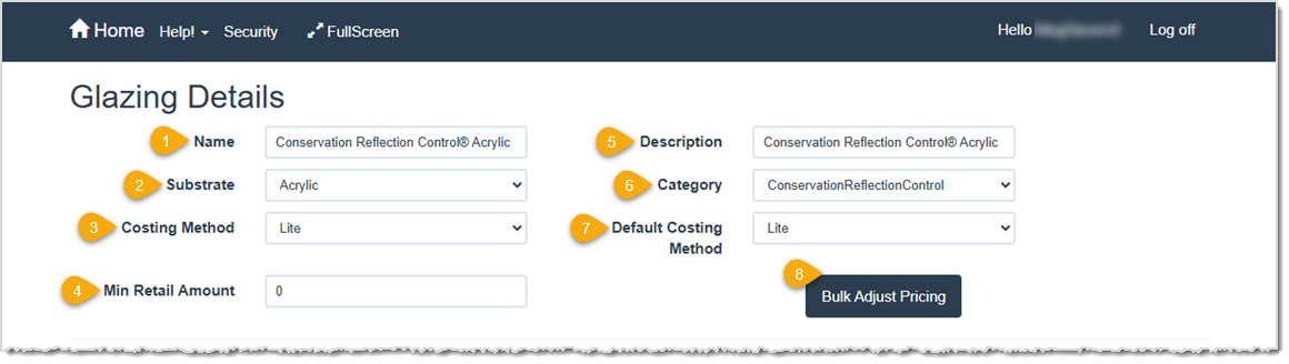 Image showing a Glazing Details page of the LifeSaver system highlighting the basic settings of a Glazing.
