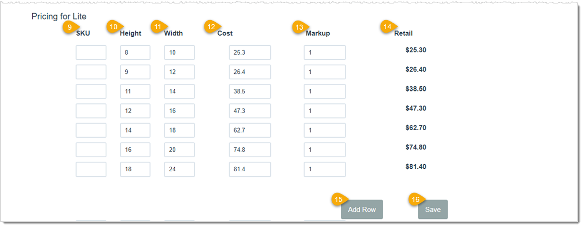 Image showing the Glazing Details page of the LifeSaver system highlighting the markup table for Lite, United Inch, Square Inch, and Square Meter costing methods.