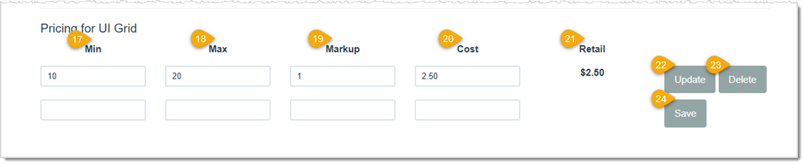 Image showing the Glazing Details page of the LifeSaver system highlighting the markup table for the UI Grid costing method.