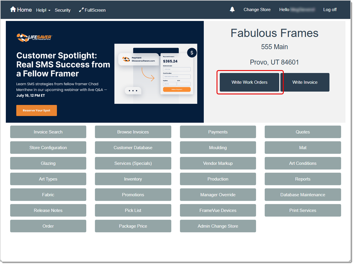 Image showing where to start a work order on the Home page of the LifeSaver software.