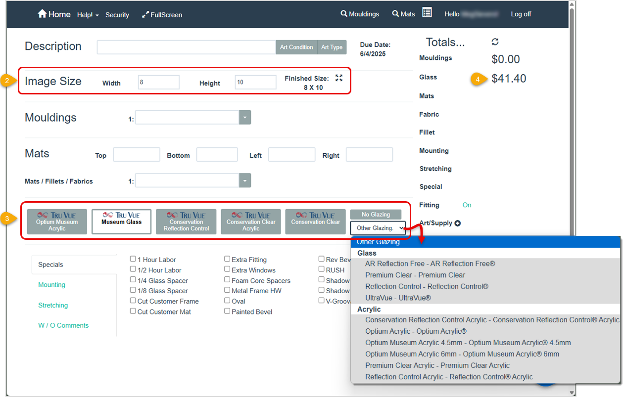 Image showing the selection of a Glazing on a work order in the LifeSaver software.