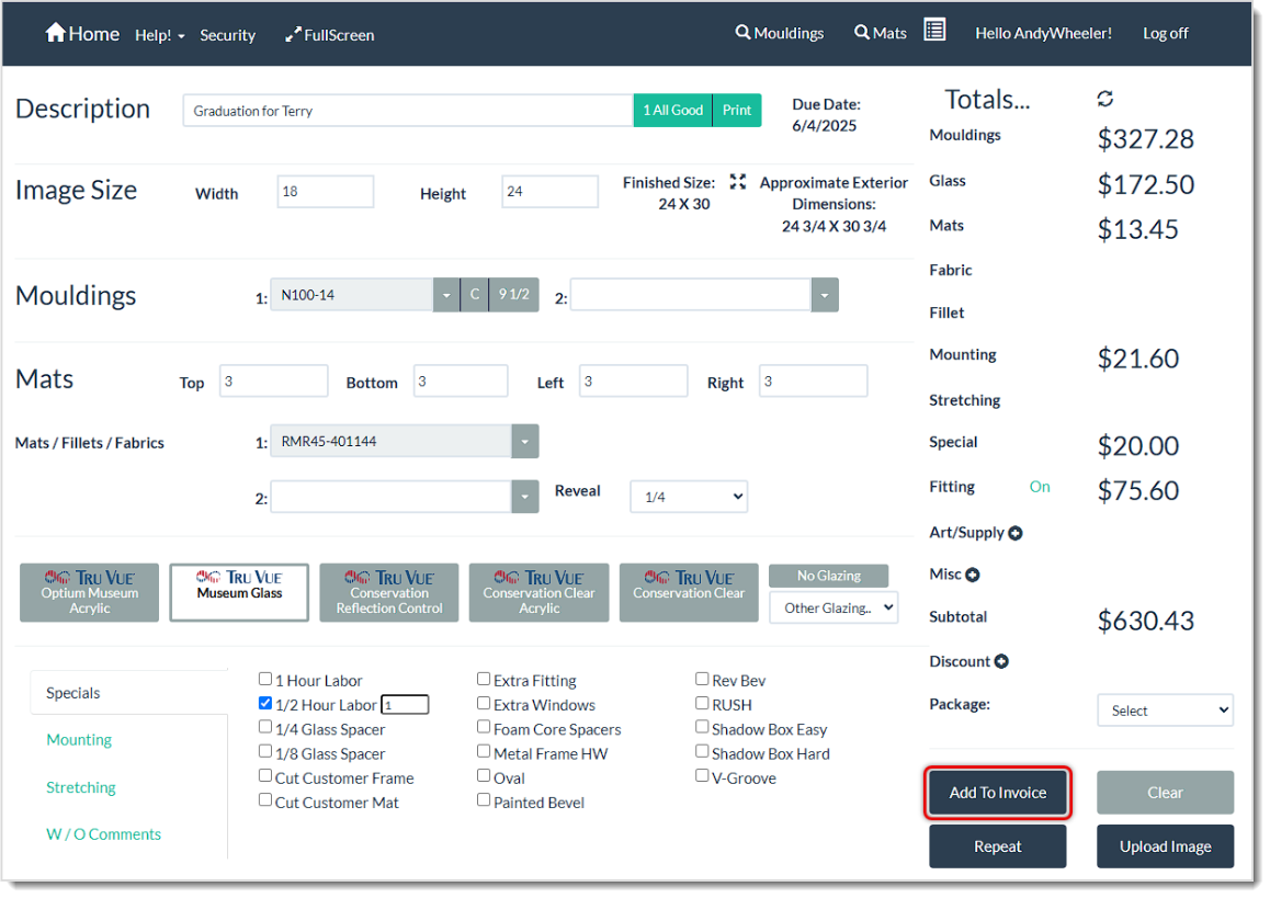 Image showing a Work Order in the LifeSaver system with the Add to Invoice button highlighted.