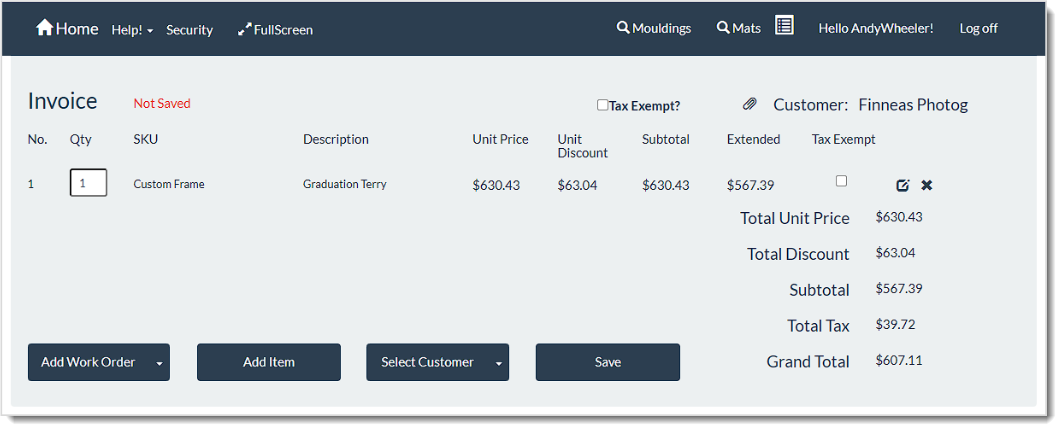 Image showing an Invoice for a Work Order in the LifeSaver system.