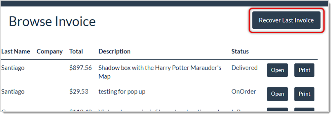 Image showing the Recover Last Invoice function of the Browse Invoice page of the LifeSaver Framing system.