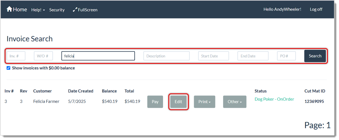 Image showing the Invoice Search page of the LifeSaver system with search and edit functions highlighted.