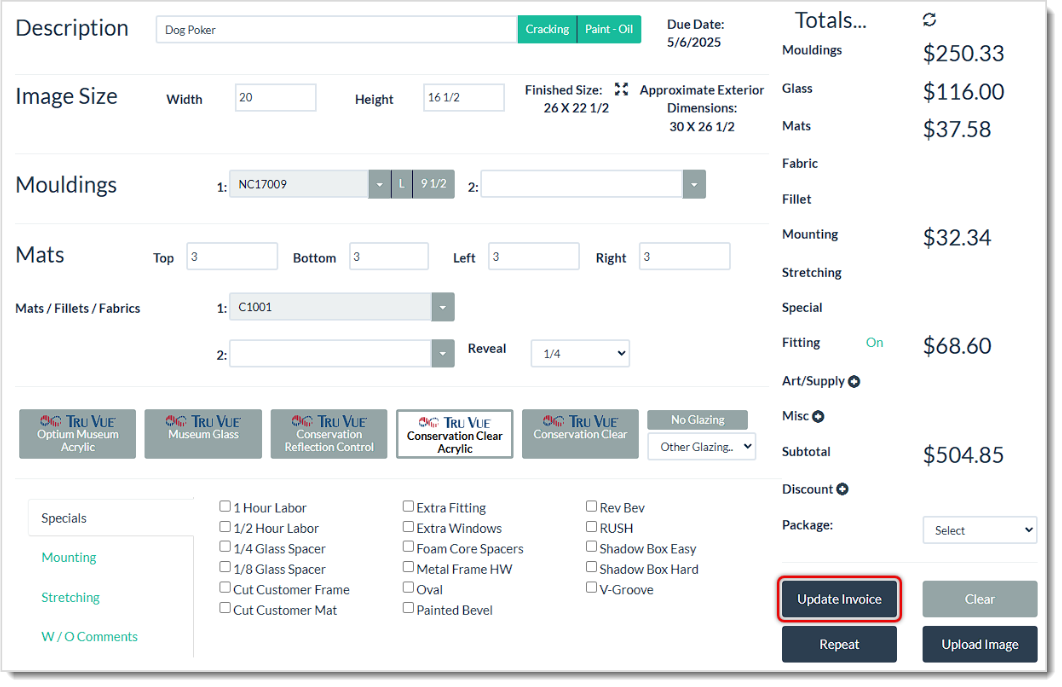 Image showing a Work Order from the LifeSaver system in full edit view with the Update Invoice button highlighted.