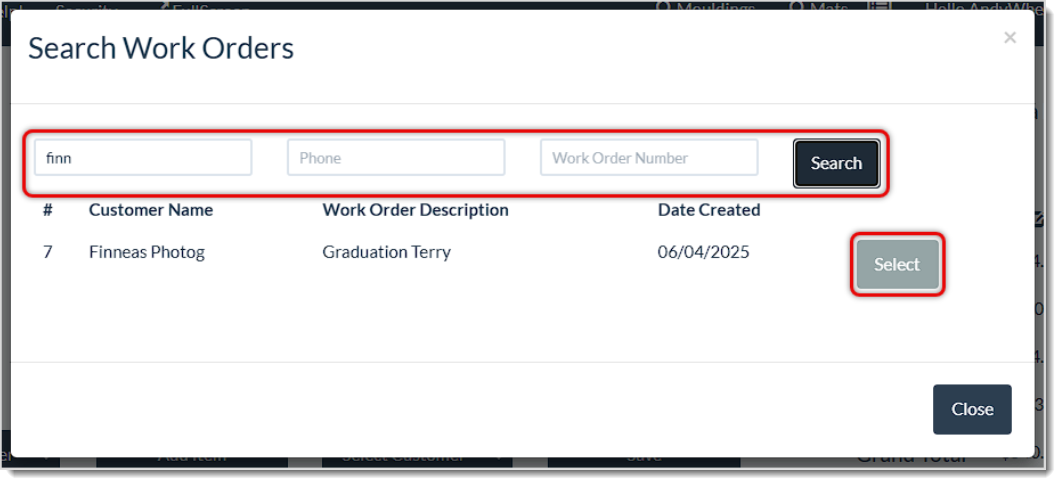 Image showing the search options for Work Orders from the LifeSaver system when adding a Work Order to an Invoice.