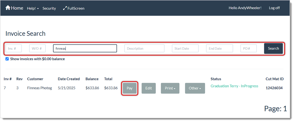 Image showing the Invoice Search page of the LifeSaver system with search functions and the Pay button for an invoice highlighted.