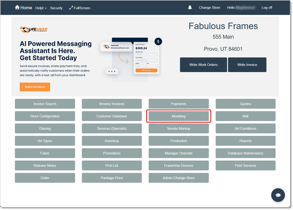 Image highlighting how to access your Moulding setup options from the LifeSaver software Home page.