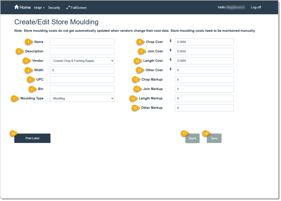Image showing an example of the Create / Edit Store Moulding page in the LifeSaver software with key features highlighted.