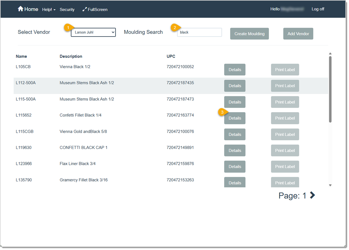 Image showing how to select a vendor Moulding to create an in-store Moulding selection in the LifeSaver software.