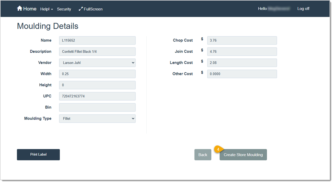 Image highlighting the Create Store Moulding button on the Moulding Details page of the LifeSaver software.