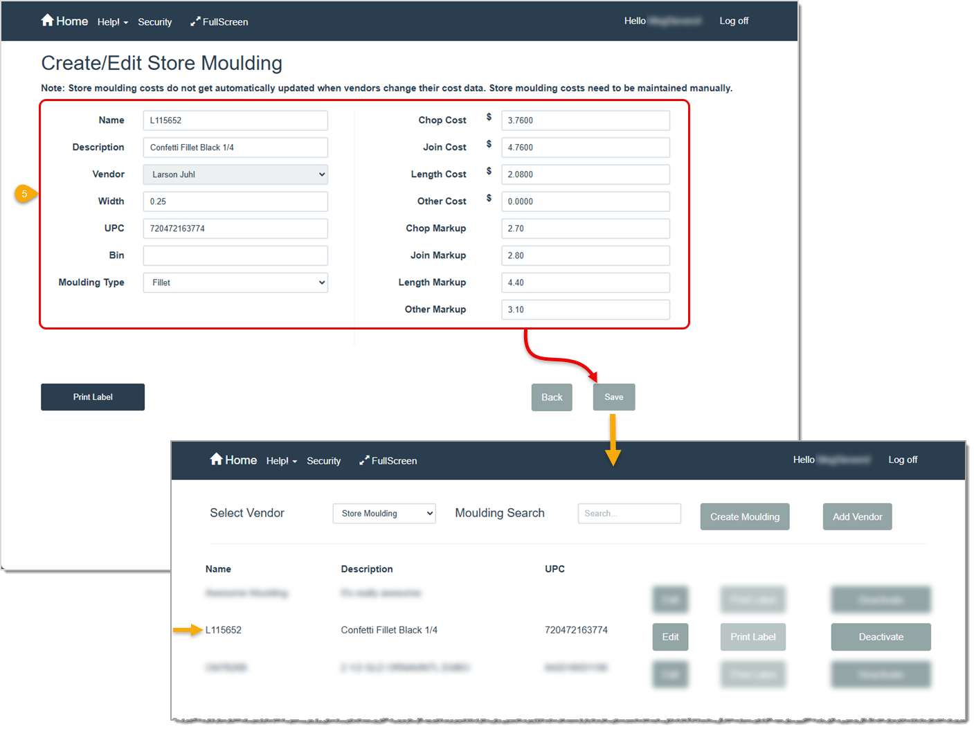 Image showing the final steps for creating store Moulding in the LifeSaver software.