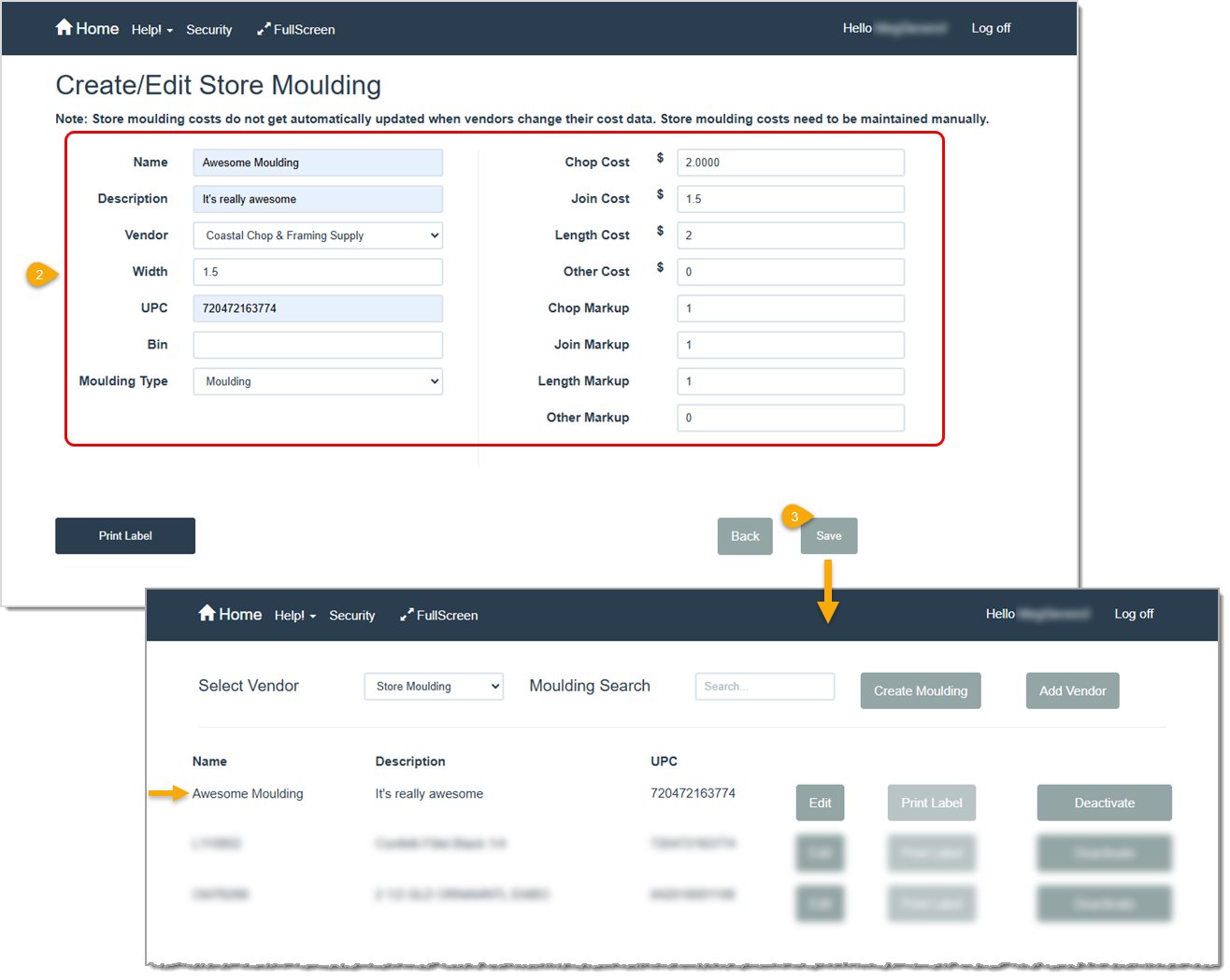 Image showing how you might enter values for a new store Moulding in the LifeSaver software.