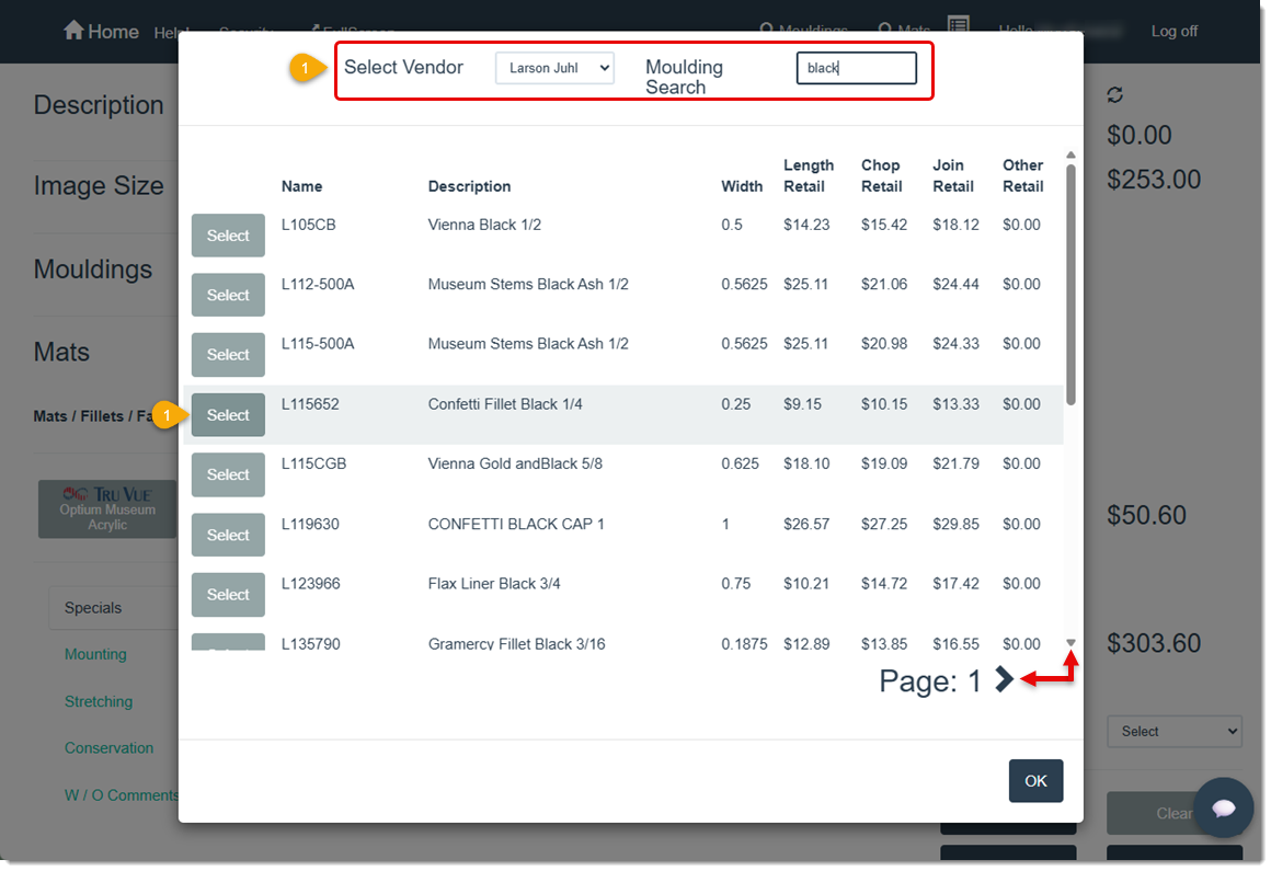 Image showing the Moulding search feature when adding Mouldings to a work order in the LifeSaver software.