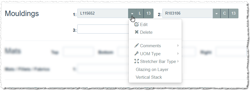 Image showing your Moulding options in a work order in the LifeSaver software.
