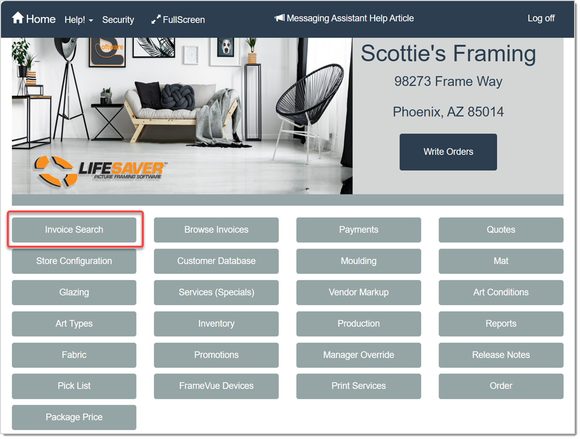 Image displaying the LifeSaver Home page, highlighting the Invoice Search button.