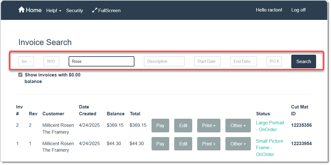 Image displaying the Invoice Search page.