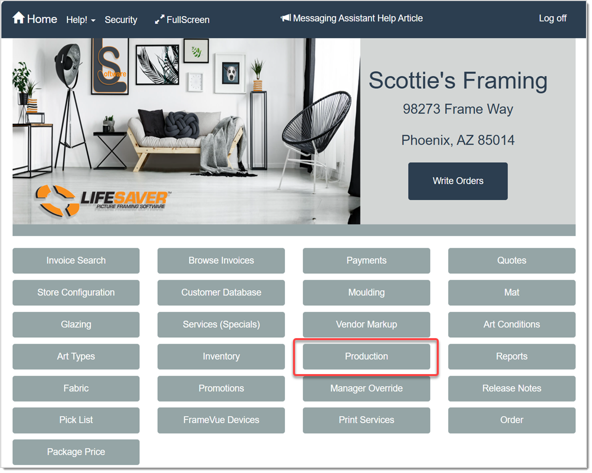 Image displaying the LifeSaver Home page, highlighting the Production button.