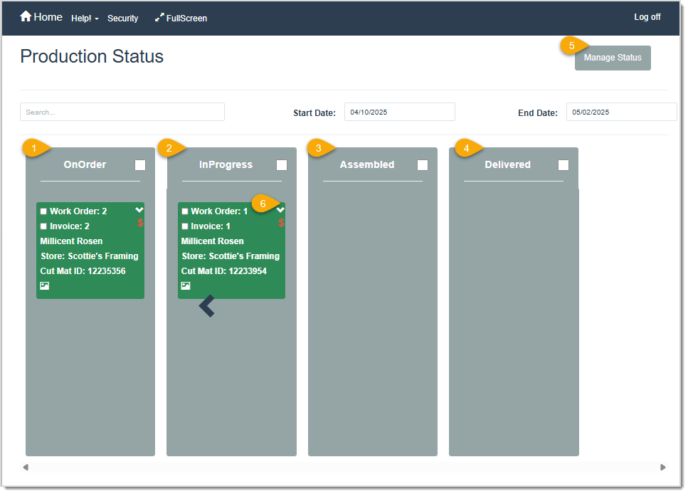 Image displaying the Production Status page.