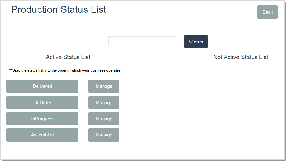 Image displaying the Production Status List page.