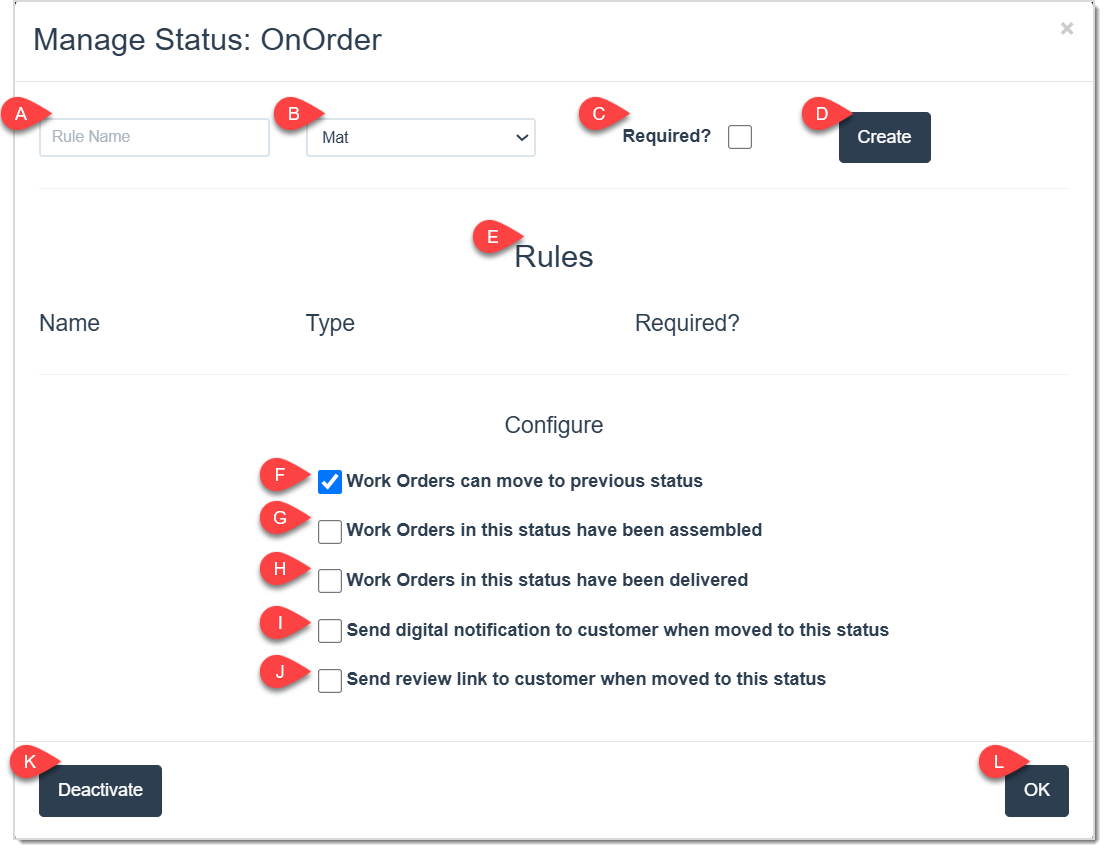 Image displaying the Manage Status window for the OnOrder Status column.