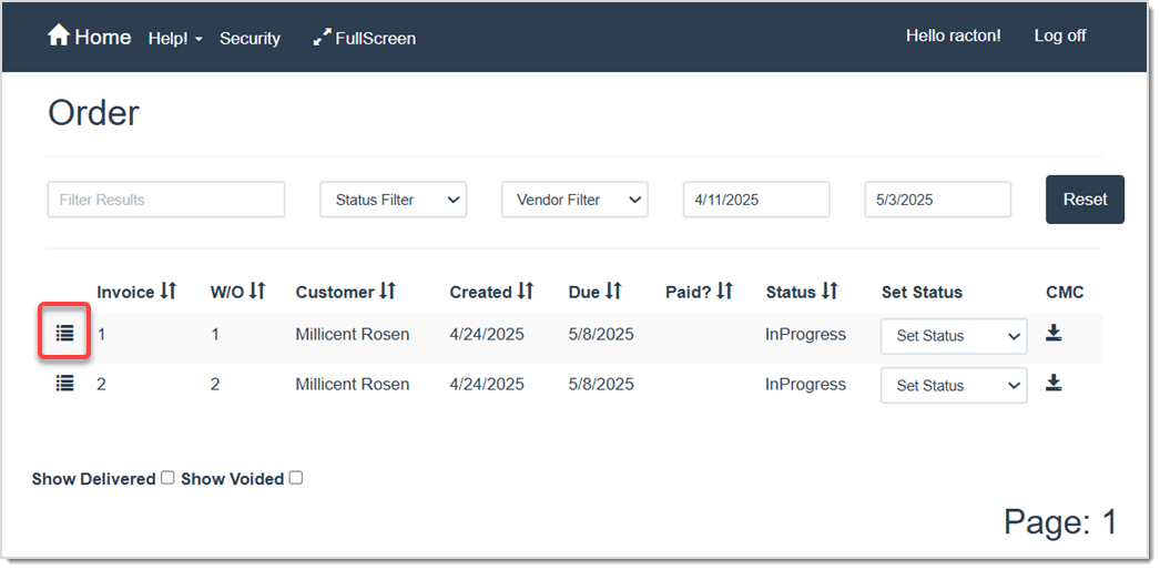 Image displaying the Order page, highlighting the list icon.
