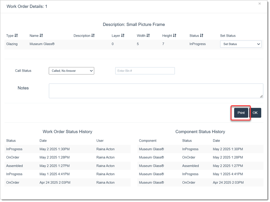 Image displaying the Work Order Details window, highlighting the Print button.