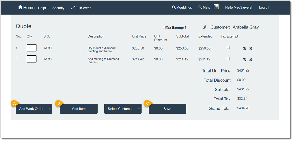 Image showing the Quote window where you can add more work orders or items to a quote or save it as a live invoice in your LifeSaver software.