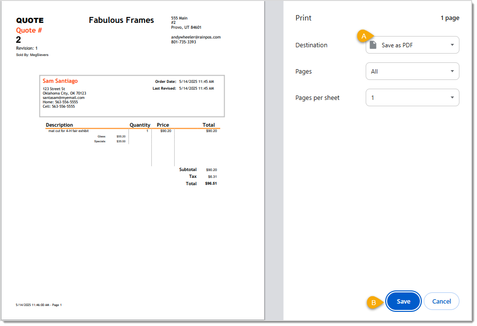 Image showing an example of a printed or saved PDF copy of a LifeSaver software quote for work.
