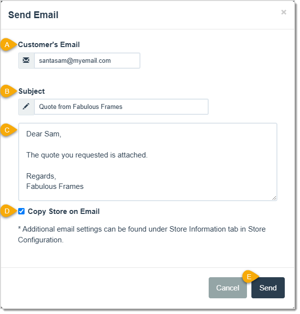 Image showing the default email settings for a quote generated in the LifeSaver software.