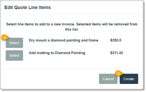 Image showing how to select one or more work orders that make up a quote in order to add them to a live invoice in the LifeSaver software.