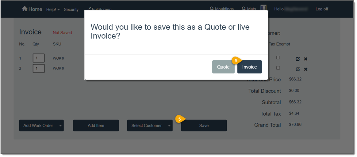 Image showing the steps you need to take to commit a full quote to a live invoice in LifeSaver.