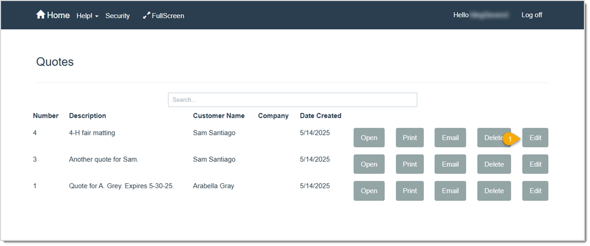 Image of the Quotes page in LifeSaver with multiple active quotes that you can select to commit to a live invoice using the highlighted Edit button.