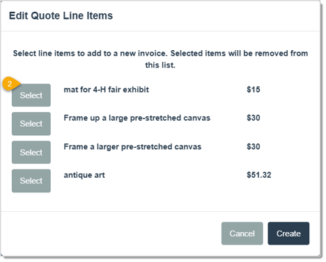Image showing how to select a portion of a quote to commit to a live invoice in LifeSaver.
