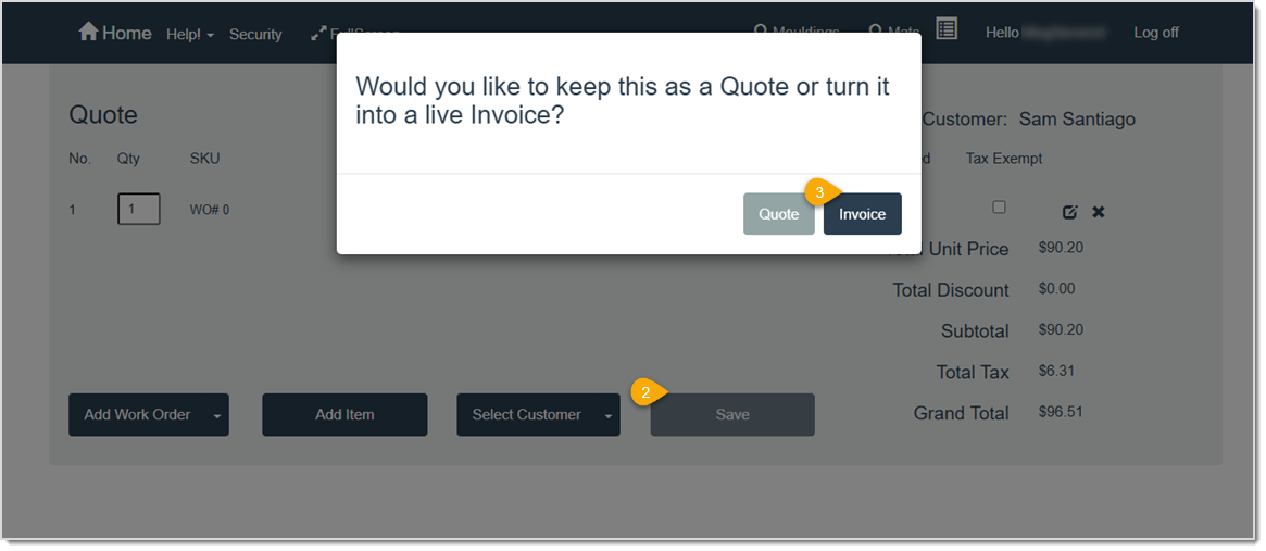 Image showing the button you need to click to commit a quote to a live invoice in LifeSaver.