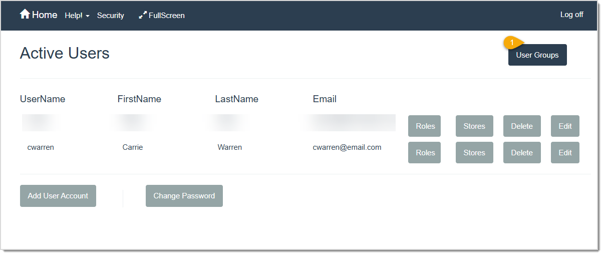 Image displaying the Active Users page of the LifeSaver software and highlighting the User Groups button.
