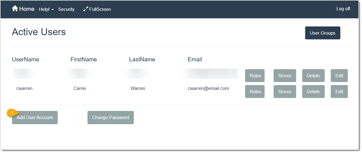 Image highlighting the Add User Account button on the Active Users page of the LifeSaver software.