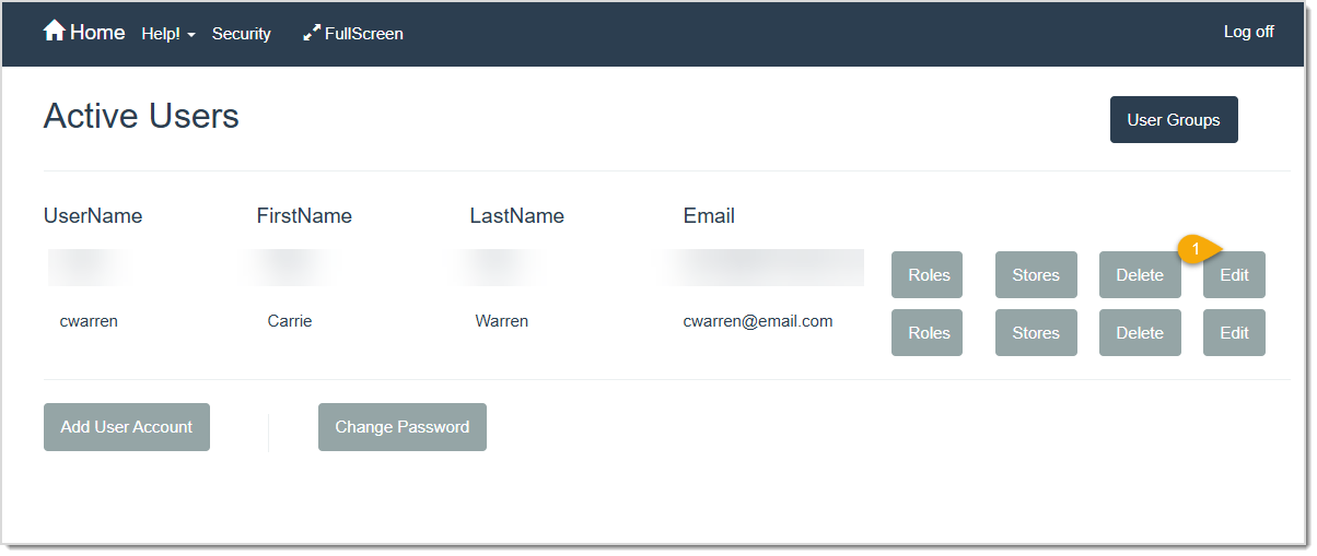 Image displaying the Active Users page of the LifeSaver software highlighting the Edit button.
