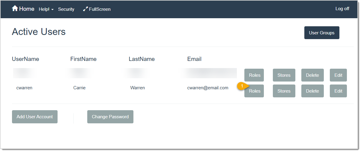 Image displaying the Active Users page of the LifeSaver software with the Roles function highlighted.