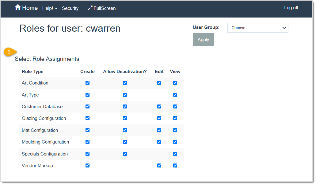 Image displaying the upper area of the Roles for User page in the LifeSaver software.