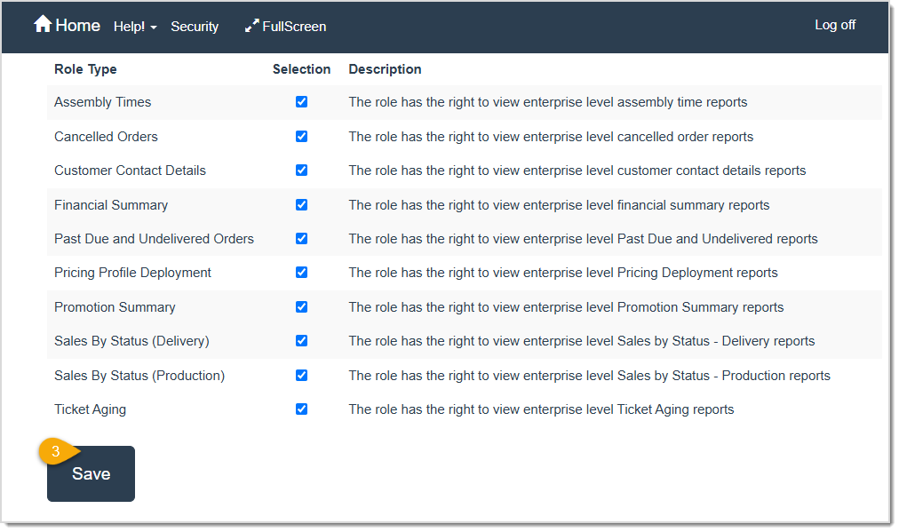 Image displaying the lower area of the Roles for the user page.