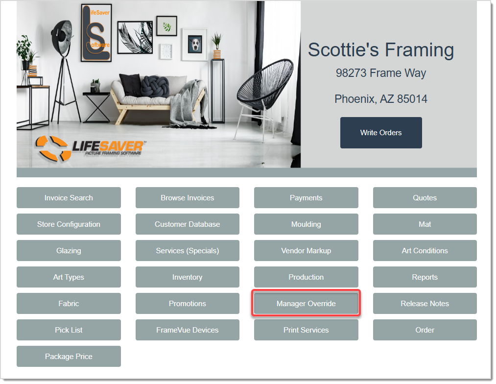 Image displaying the LifeSaver Home page, highlighting the Manager Override button.