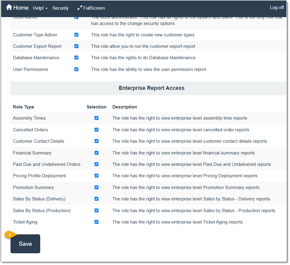 Image displaying the Roles for user page, highlighting the Save button.