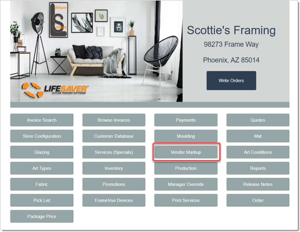 Image displaying the LifeSaver Home page, highlighting the Vendor Markup button.