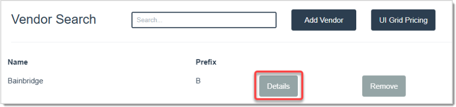 Image displaying the Vendor Markup page of the LifeSaver system highlighting the Details button for a vendor.